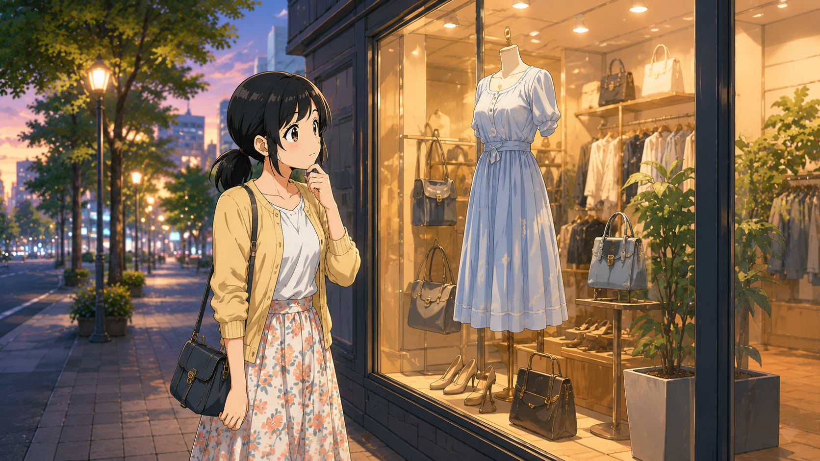ショーウィンドウの服を見つめるゆきの