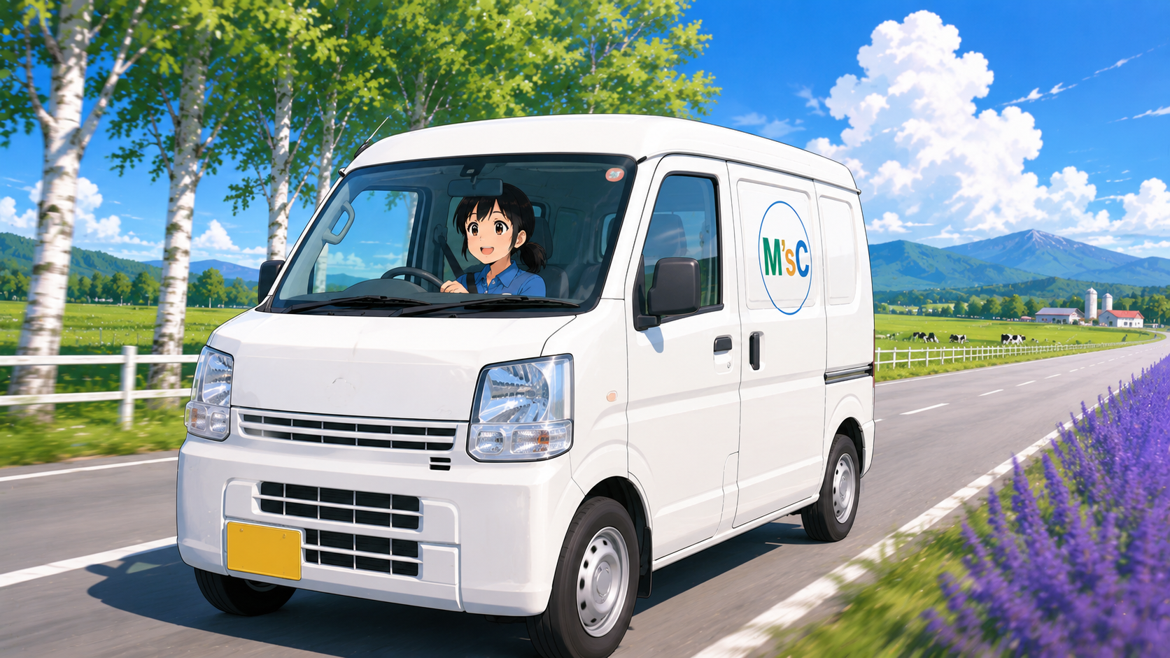 ラベンダー畑の道を走るM'sCロゴ入り軽バンのシーン